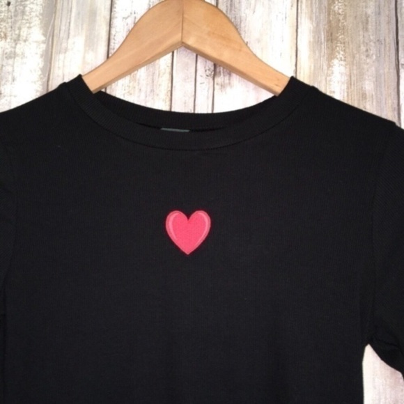 Wild Fable Black Embroidered Heart Ribbed Fitted Stretchy Crop Long Sleeve - Picture 3 of 4